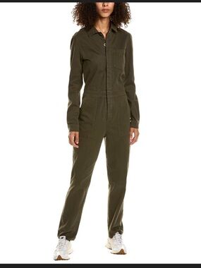 MONROW Cotton Button Down Fitted Jumpsuit In Green Size medium